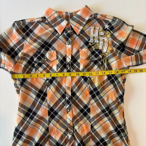 Harley Davidson Button Up Shirt Womens M Orange Plaid Rhinestone Angel Back Logo - Picture 9 of 16